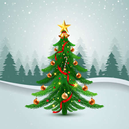 175769142 Gedecoreerde Kerstboom Vakantiekaart Met Golf Achtergrond